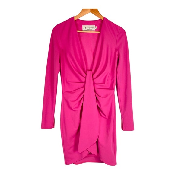 Katie May Next Round Plunge Neck Long Sleeve Mini Crepe Dress Hot Pink Medium - Picture 4 of 13